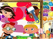 Little Einsteins characters Leo, June, Quincy, and Annie standing next to a colorful, customized digital canvas in the art creation game My Masterpiece.