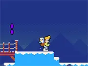 Screenshot of Console Kid Cool Adventure, a free platformer game, showing the hero jumping over a snowy chasm while carrying a penguin
