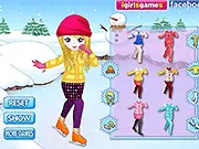 Screenshot of the Snowboarder Girl Dress Up game showing a model wearing a colorful snow jacket, goggles, and holding a snowboard.