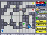 Shape Switcher puzzle game screenshot showing a bouncing character changing color and shape to unlock a door