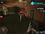Screenshot of the Undead Invasion game showing a first-person view down a dark corridor, with the player's weapon visible and a blocky, retro 3D zombie enemy approaching.