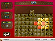 Letter Blocks free online word puzzle game screen showing a grid of letters with high-scoring words highlighted