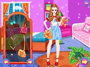Two animated princesses dressed in fashionable college outfits with various clothing options displayed, ready for a campus style show