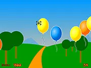 Balloon Hunt 2 free shooting game online, showing a crosshair aiming at multiple colorful balloons floating against a sky background.