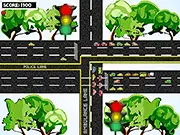 Traffic Away game screenshot showing a busy intersection with cars stopped at traffic lights and arrows indicating lane control