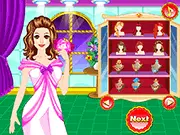 Animated image showing a young woman dressed in a stylish outfit and makeup, surrounded by accessories and clothing options for the New Year Fashion Resolutions game