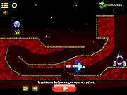 Screenshot of Bluey in Space puzzle game showing Bluey floating near a planet with available bridges and gravity changers.