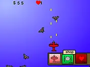 War Above the Clouds online game screenshot showing a player's fighter plane shooting at an enemy aircraft amidst the clouds in a 2D shooter game on PlayArcadeHub.