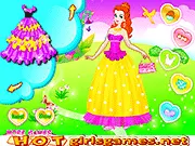 A close-up image of the Brilliant Princess character from the free dress up game, wearing a long, elegant green and pink gown with a flower crown.