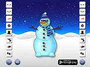 Screenshot of Snowman Maker Pro game showing a fully decorated, happy snowman with a carrot nose and stylish scarf.