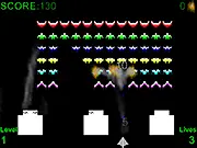 Screenshot of Alien Invasion II showing a player spaceship firing a powerful laser at multiple geometric alien ships in deep space.