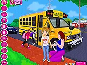 Screenshot of First Day at School Dressup showing a girl standing in a school environment with various outfits, backpacks, and accessories available for selection.