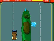 Dog Police cartoon car chasing the Dog Catcher vehicle on a road in an action game