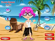 Free online Katy on the Beach game banner showing a girl in a swimsuit posing on a sandy beach ready for summer fun.