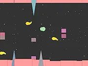 Screenshot of the Cosmic Formik game showing a small spacecraft avoiding various large, colorful alien creatures in the dark background of space.
