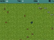Screenshot of Dog Eat Dog free online game, showing a player's medium-sized dog chasing a smaller dog while being pursued by a much larger dog.