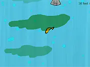 The free online arcade game Fishy Falldown showing a small goldfish falling past numerous green poison bubbles in the ocean