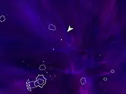 Screenshot of Hot Rocks arcade game showing a spaceship shooting at large red, fiery asteroids with a blue shield activated.