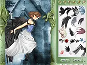 The Crow Fairy Dressup online game interface, displaying a beautiful dark-haired fairy lady against a twilight background, ready for styling in her unique gothic-fantasy outfit.