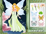 The Genuine Fairy Dressup game screen showing a beautiful cartoon fairy with large wings, ready to be styled in different fantasy gowns and accessories.