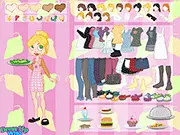 The female main character in the Chef Dressup online game standing in a fancy kitchen, ready to be styled in a new chef outfit.