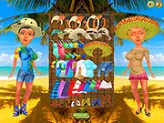Screenshot of Paradise Island Dress Up game showing a glamorous girl model on a tropical beach wearing a stylish summer dress.