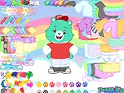 The Care Bears Dress Up online game screen, showing a customizable Care Bear character and a selection of colorful fur, outfits, and belly badge options.