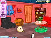 Screenshot of the free online game Pets Home Decoration showing a brightly furnished living room with a cozy pet bed, toys, and colorful decorations.