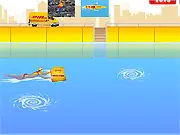 Screenshot of DHL Swim online game showing a delivery courier swimming in a river while dodging logs and obstacles.