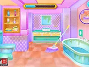 Highschool Girls House Cleaning game screenshot showing a girl in a uniform looking over a messy bedroom or kitchen, with various cleaning tools available on the screen.