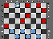The Master Checkers online board game showing red and blue pieces positioned for a move against the computer opponent