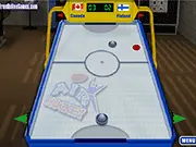 Air Hockey Flash game screenshot showing two mallets and a puck on a bright, smooth air hockey table, mid-game, with country flags visible.