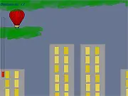 Screenshot of the Air Heads game, showing a small hot air balloon flying high between tall city buildings and dark clouds of smog.