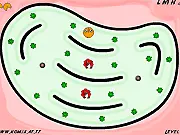 A screenshot of the free online arcade game Pac Remix, featuring the iconic yellow circle character navigating a maze filled with dots, power-ups, and four unique ghost enemies.