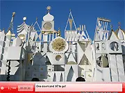 Screenshot of Disney Land Crystal Hunter game showing a vibrant park scene with multiple hidden crystals to find