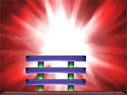 A screenshot of the free online physics puzzle game The Simple Game, showing various green, red, and blue geometric shapes stacked on a platform, illustrating a delicate balance challenge.