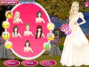 Screenshot of the free online game Romantic Country Wedding Dress Up showing a beautiful bride wearing a lace gown and holding a flower bouquet against a rustic backdrop.