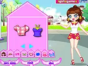 Screenshot of the free online game Pigeon Girl Dress Up showing a lady in a cute, casual outfit feeding pigeons in a sunny park setting.