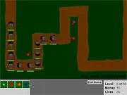 Screenshot of Zombie Tower Defense 2 showing a grid map with turrets placed along a path to attack a horde of incoming green zombies.