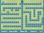 Twins by Fog free online mirror puzzle game screenshot. Two twin characters moving in opposite directions in a maze with spiders.