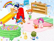 The Babies Toy Room Makeover game showing a brightly decorated playroom filled with toys, rugs, and colorful furniture options