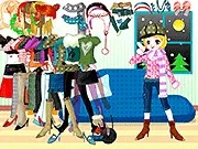 Hey Winter Dressup game showing a model wearing a stylish selection of coats, scarves, and hats for cold weather fashion