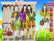 The finished look of a female character dressed in colorful, layered hippie fashion, featuring bell-bottoms, a patterned top, and a floral headband in the Hippie Fashion Online game.