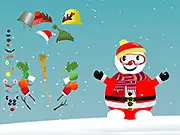 Creating Snowman game screen showing a snowman being built with various accessories like a top hat, scarf, and carrot nose