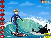 Riding the Whales game featuring a surfer girl flipping off the large tail fin of a friendly whale in the ocean