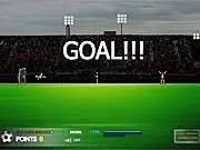 Gameplay screenshot of a soccer ball flying over a wall of defenders toward the goal in the Free Kick Champ Online game.