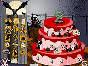 Decorating a Halloween-themed cake with spooky candy and frosting in the online game Halloween Cake