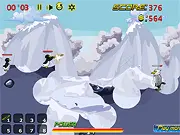 A large cannon aiming an Angry Penguin projectile towards a precarious structure guarded by enemy figures on an icy background