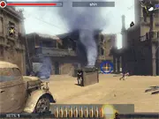 Screenshot of Terrorist Buster online shooting game showing a crosshair aimed at an armed enemy while a civilian hostage is visible in the background.