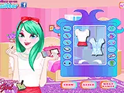 Screenshot of the free online game Stylish Makeup Artist showing a model with vibrant eyeshadow, lipstick, and a trendy new outfit.